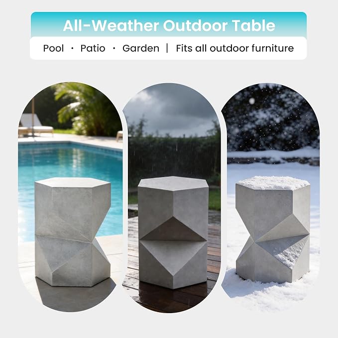 COSIEST MgO Concrete Side Table, 18 Inch Hexagonal Geometric Outdoor End Accent Table, All-Weather Patio Garden Stool, Modern Plant Stand & Coffee Table for Balcony Backyard, Gray, 1 Pack