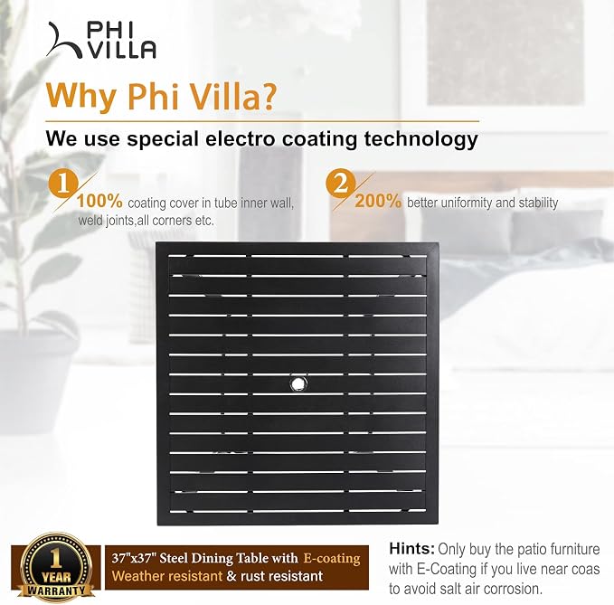 PHI VILLA 5-Piece Metal Patio Outdoor Table and Chairs Dining Set- 37" Square Bistro Table and 4 Backyard Garden Chairs, Table with 1.57" Umbrella Hole