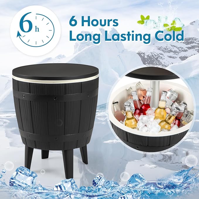 Tangkula 10 Gallon Cooler Bar Table, Outdoor Cooler Side Table w/Telescopic Tabletop, 3-in-1 Coffee Table Ice Bucket for Beer & Wine, All-Weather Cocktail Table for Backyard, Party, Poolside (Black)
