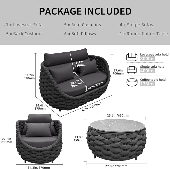 TWT 6-Piece Aluminum Patio Furniture Set, Olefin Rope Modern Outdoor Conversation Set Sectional Sofa with Water Repellent Thick Cushions and Coffee Table for Balcony, Garden, Dark Grey