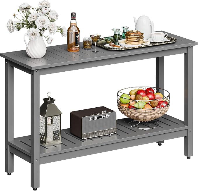 ZenStyle Solid Wood 48in 2-Shelf Console Table, Indoor Outdoor Plant Accent Table Storage Organizer w/Foot Sliders for Patio, Deck, Porch, Garden (Grey)
