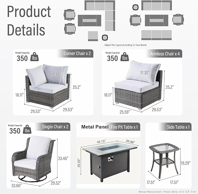 HOOOWOOO Outdoor Patio Furniture Set with Fire Pit 10 Pieces Patio Set with Fire Pit Wicker Outdoor Furniture with Fire Pit Table Set Patio Conversation Set with Swivel Chairs,Gray