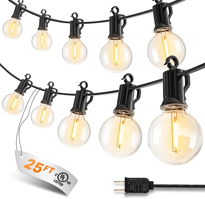 25FT 13 LED Outdoor String Lights, G40 Shatterproof String Lights, IP65 Waterproof Connectable Outside Patio Light for Backyard Porch Balcony Garden Decor Christmas Camping Gazebo