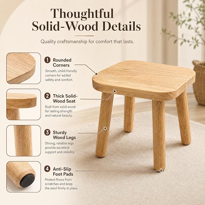Wooden Picnic Stool, Tool-Free Assembly Solid Wood Low Profile Portable Seat for Indoor Home, Outdoor Camping, Beach and Patio