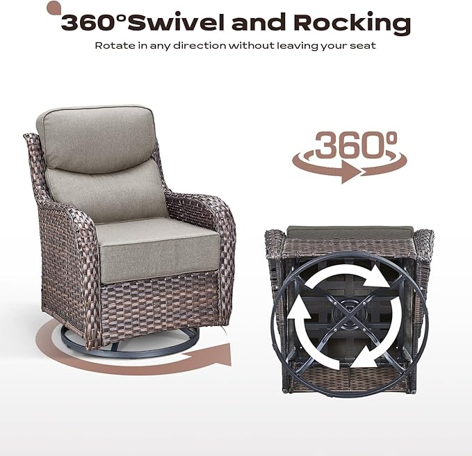 Rilyson Wicker Outdoor Patio Furniture Set - 7 Piece Patio Conversation Sets with Swivel Rocker Chairs, Ottomans and Sofa, 6 inch Cushions, Waterproof Wicker, for Porch Deck Brown/Beige