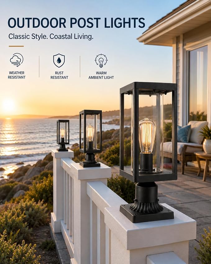 Beionxii Outdoor Post Lights, 20inch Large Modern Large Exterior Post Lantern Pillar Light with Pier Mount Base, Black Cast Aluminum w/Clear Cylinder Glass - A291P-1PK (NOT Solar, 110-120V AC)