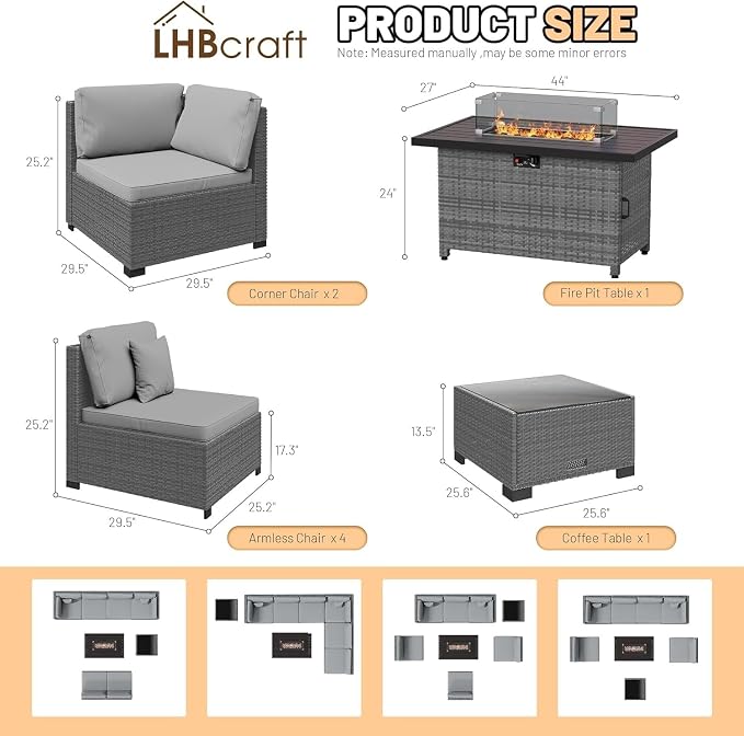 8-Piece Outdoor Patio Rattan Furniture Set, Grey Wicker Sectional Conversation Set with 50,000 BTU Propane Fire Pit Table for Garden and Patio