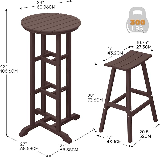 Costaelm Outdoor Bar Table, 42" Counter Height Round Patio Cocktail Bar Table, Patio Bar Table 3-Pieces Set Bistro Dining Table Pub Table for Deck, Backyard, Garden, Dark Brown