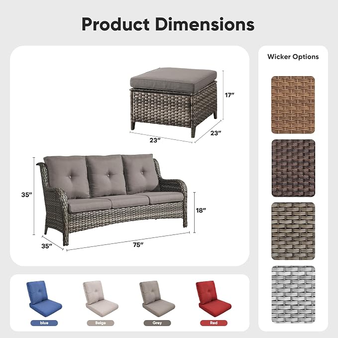 Belord 3-Piece PE Wicker Outdoor Sofa with 2 Ottomans, Luxury Patio Couch Convertible to Chaise Lounge, All-Weather High Back Deep Seat Woven Furniture for Deck, Porch - Grey/Grey
