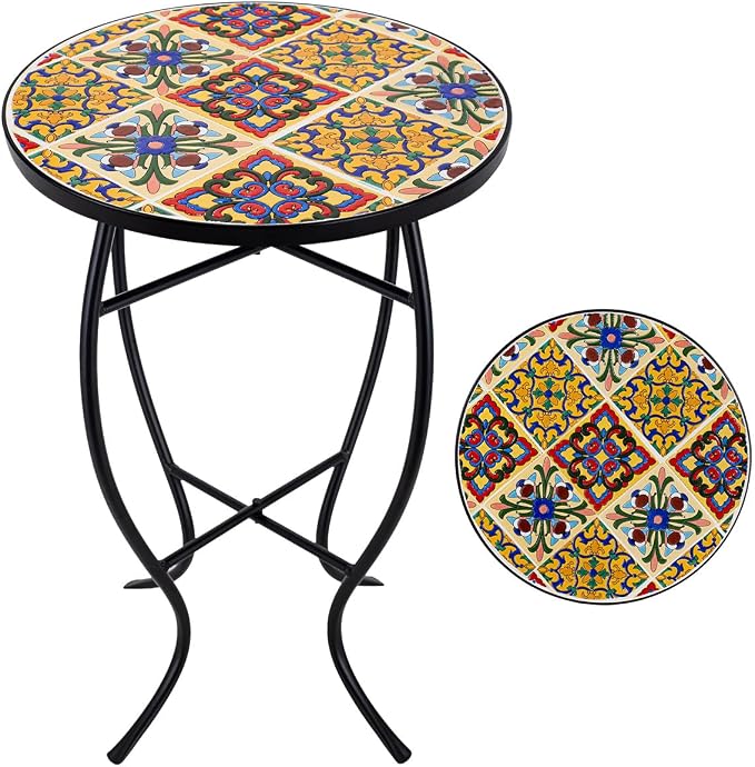 Mosaic Outdoor Side Table Small Round Patio Table Plant Stand | 21" Accent End Table with 14" Ceramic Tile Top for Small Spaces Porch Pool Garden Decor Indoor Living Room Bedroom Balcony