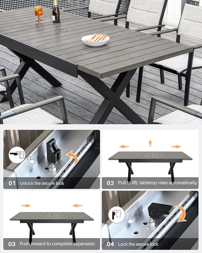 9 Pieces Expandable Outdoor Dining Set, 8 Stackable Double-Layer Textilene Chairs and 63''-83'' Expandable Patio Dining Table, Never-Rust Aluminum Patio Dining Set for Garden, Deck, Limed Oak