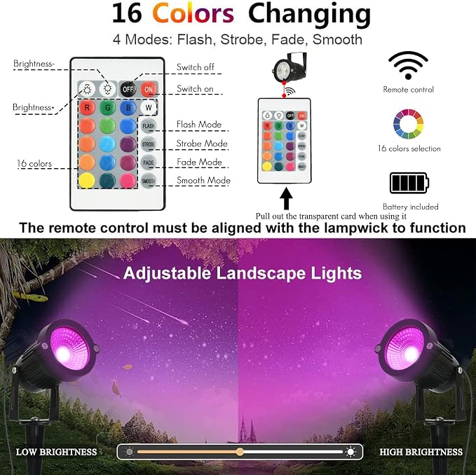 RGB Halloween Low Voltage Landscape Lights Color Changing 5W LED Landscape Lighting Outdoor Waterproof Remote Control for Garden Pathway Christmas Decorative Lighting, 10 Pack with Connector