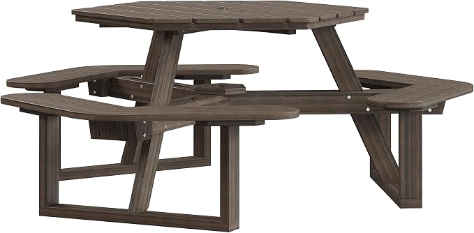 Shoreline Made in USA Hexagon Picnic Table, Seating for 6, Weathered Driftwood