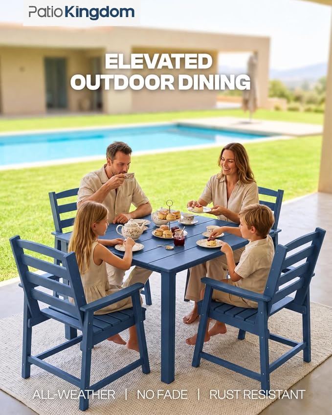 HDPE Outdoor Dining Set for 4 with 10FT Umbrella, Navy | All-Weather HDPE, Wood Grain Finish, 42.5" Square Table, Built-In Umbrella Hole, Seats 4, Patio & Poolside Ready