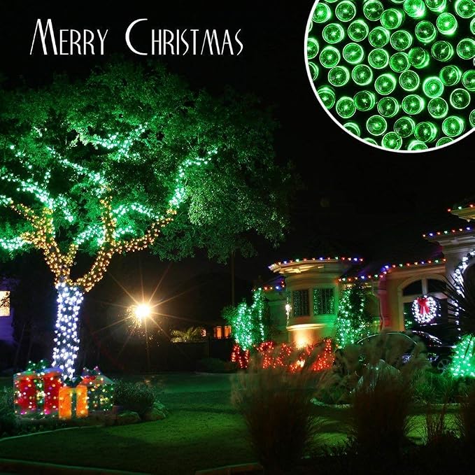 Toodour Solar Christmas Lights Outdoor, 2 Packs Total 144ft 400 LED Solar String Lights with 8 Mode, Outdoor Christmas String Light for Garden, Patio, Fence, Balcony, Xmas Tree Decor - Green