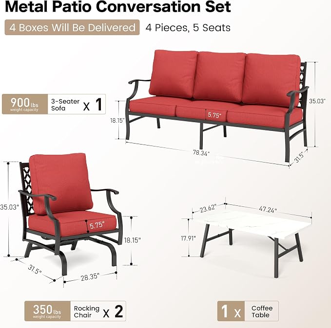 SUNSHINE VALLEY 4 Piece Metal Outdoor Patio Furniture Set, Patio Conversation Set 1 3-Seater Sofa, 2 Rocking Chair with 5.75" Extra Thick Cushion and Coffee Table, Black Frame Backyard Furniture, Red