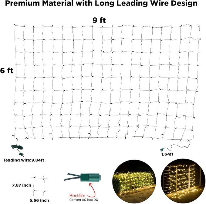 Led Net Lights Christmas Lights Outdoor 200Led 9 ftx 6ft Upgraded WarmWhite Christmas Net Lighting, Waterproof 5mm LED Wide Angle Outdoor Indoor Mesh Net Light for Trees, Bushes, Shrubs Decorations