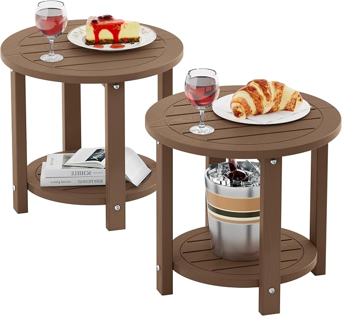 YEFU Outdoor Side Table for Patio: 16in HIPS Small Round Outdoor End Table - 2-Tier Adirondack Tables for Porch Patio Yard Poolside Living Room Beach Bedroom (Teak, 2 Pack)