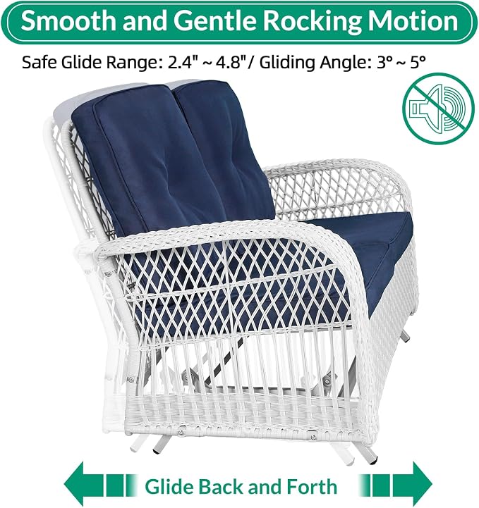 VIVIJASON 4-Piece Outdoor Patio White Wicker Conversation Sets, All Weather Rattan Furniture Set Includes Glider Loveseat, Coffee Table, 2 Glider Rocker Chairs w/Cushion for Lawn Balcony, Navy Blue