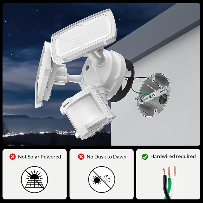 LEPOWER Hardwired LED Security Lights Motion Sensor Outdoor, 40W 4000LM | 5500K Daylight, 72 FT Range & 180° Detection, Easy to Install, IP65 Waterproof, 2 Head Flood Light for Garage, Yard, Porch