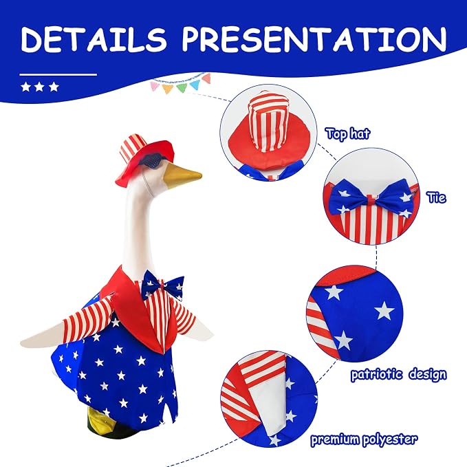 Porch Goose Outfit 4th of July Patriotic Summer Costume – Fits 23 Inch Concrete Cement Goose – Red White Blue Memorial Day Clothes