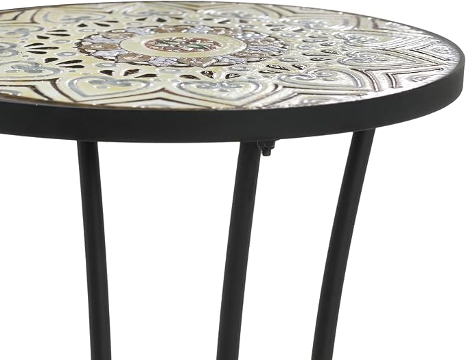 Christopher Knight Home Glady Outdoor Round Side Table, Patio Bistro Table with Ceramic Top and Metal Frame, Small Decorative Accent Table for Patio Garden Porch Balcony, Bohemia
