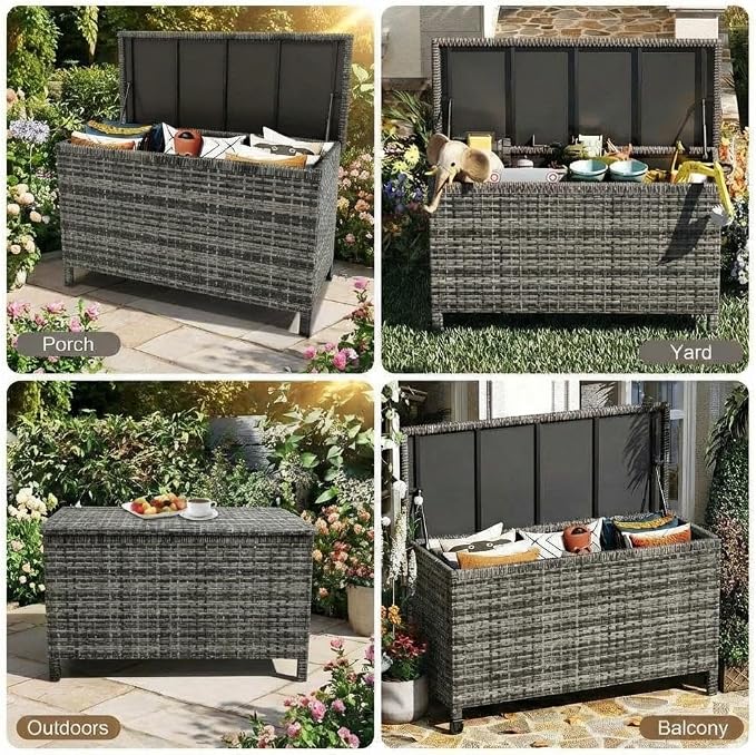 GarveeLife Outdoor Wicker Storage Box, PE Rattan Patio Storage Chest with Steel Frame, Weather-Resistant Deck Storage Box for Cushions, Garden Tools & Pool Accessories – Brown Wicker