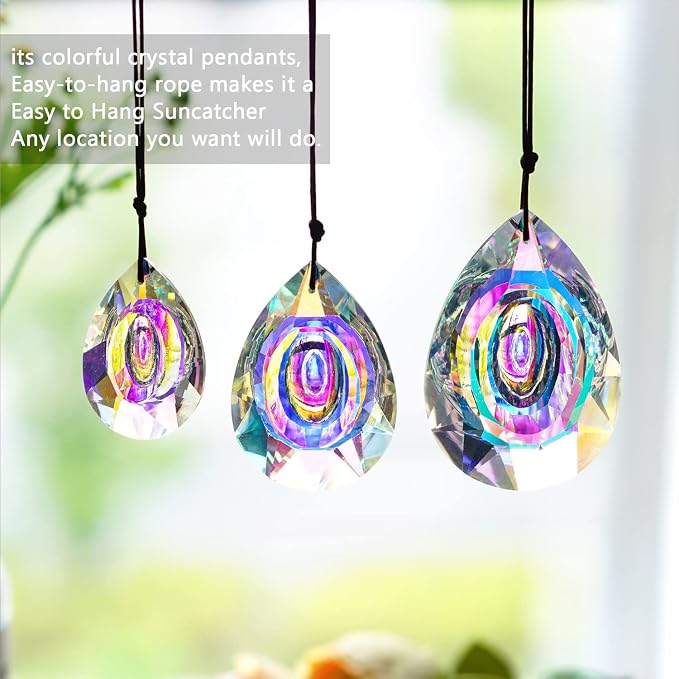 Window Hanging Crystal Prisms Sun Catcher AB Coating Rainbow Maker Glass Prisms Hanging Suncatcher Pendant for Home Garden Decor,76mm/63mm/50mm Chandelier Prism Parts, Pack of 3 | AB Coating Crystal Prism Suncatcher Set 3 Sizes for Chandelier Window Ga...