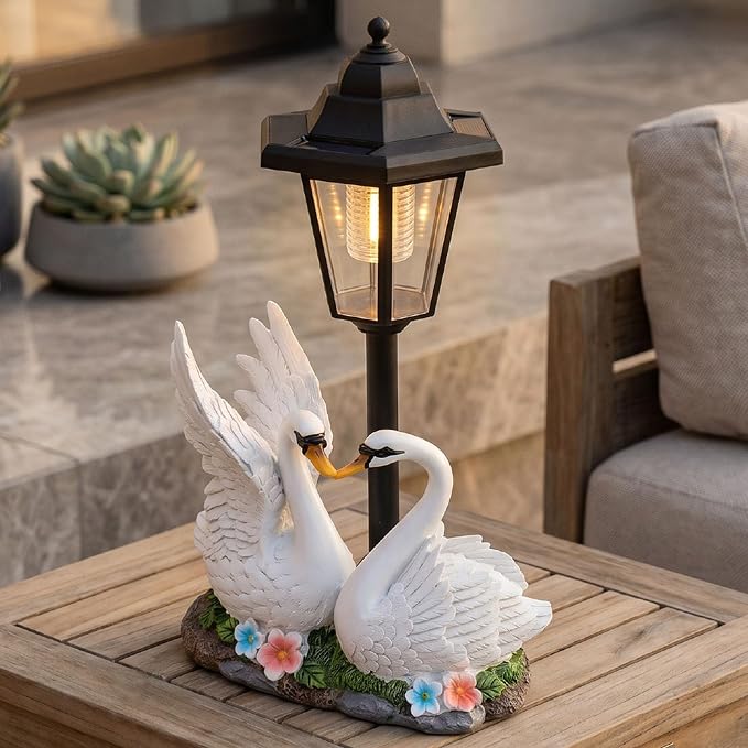 Solar Swan Lantern Outdoor Resin Garden Statue | with Solar Powered Warm Light and Stable Base for Patio Lawn Pathway Decor