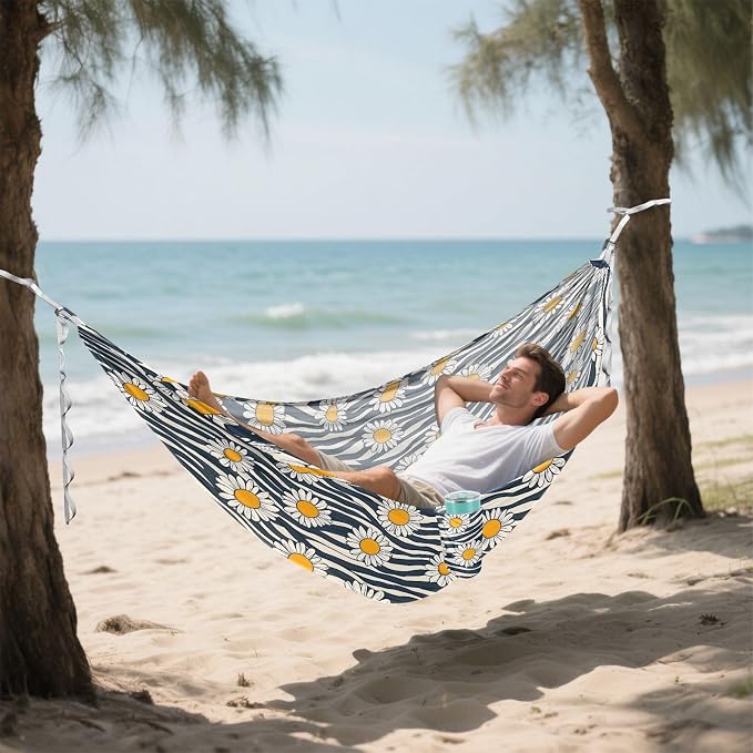 Camping Hammock Outdoor Hammocks for Outside Black White Striped Daisy Beach Trees Portable Lightweight with Pockets Tree Straps Indoor
