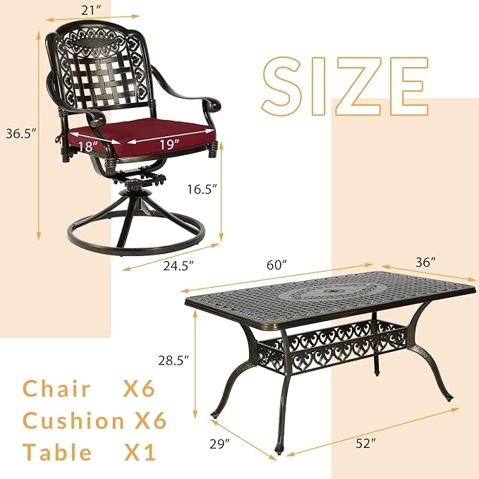 7-Piece Outdoor Patio Dining Set, 60” Rectangular Cast Aluminum Dining Table with Umbrella Hole and 6 Cushioned Swivel Rocker Chairs, Patio Funiture Set for Backyard, Patio, Garden, Red