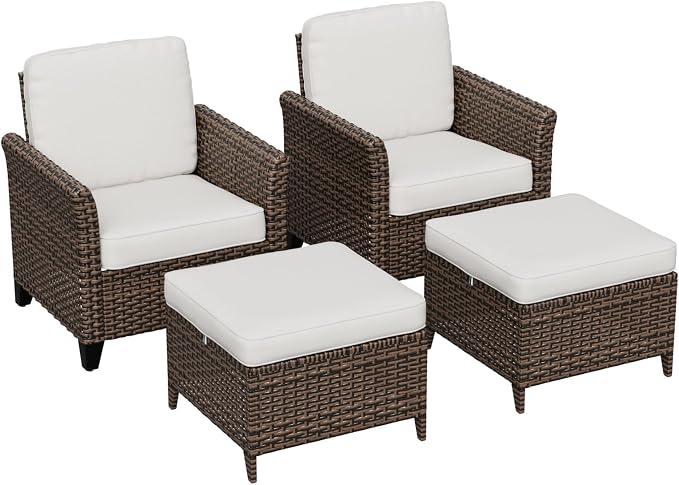 COOS BAY Harbor Retreat 4 Piece Outdoor Furniture Set, Patio Conversation Set with Patio Chairs and Ottomans, Wicker Furniture, Brown/Beige