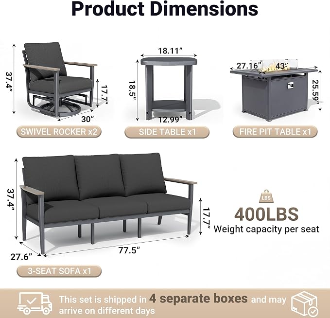 Aluminum Outdoor Patio Furniture Set, 5-Piece Outdoor Sofa with 5.1" Thick Cushions, Swivel Rocking Chairs, 55,000 BTU Propane Fire Pit Table, Outdoor Couch for Backyard, Balcony, Black