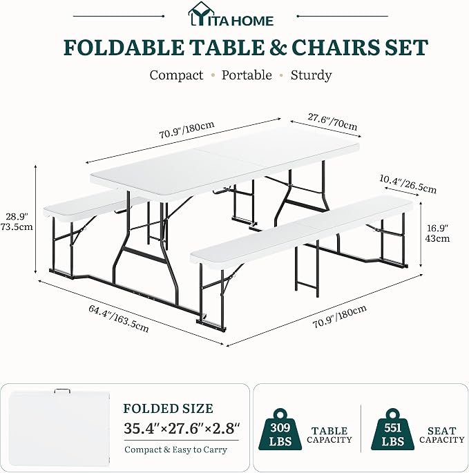 YITAHOME 6ft Folding Picnic Table with Benches, Heavy Duty Iron Frame & HDPE Plastic Table Set, Portable Outdoor Folding Table with Center Lock for Backyard, Park, Camping, Beach, White