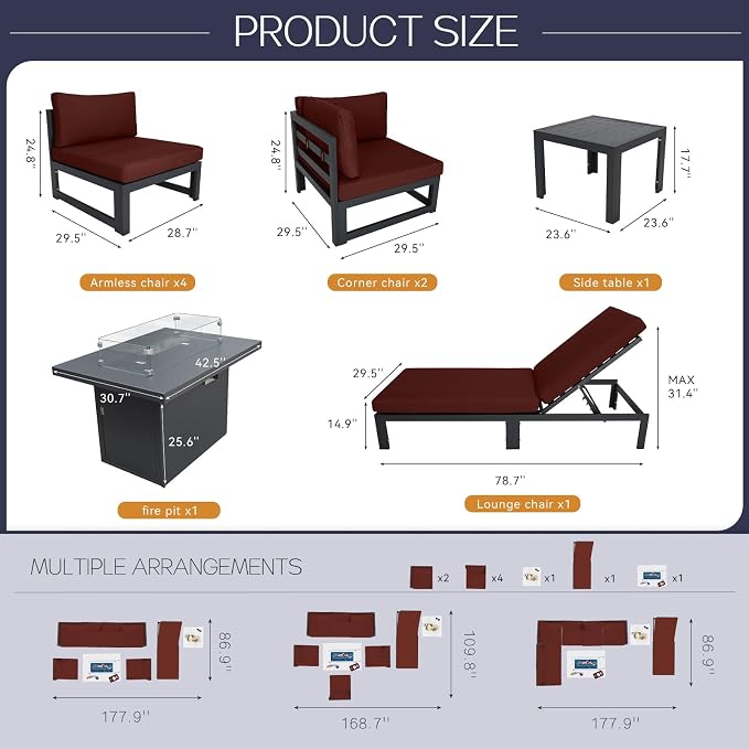 BULEXYARD 7 Person Modern Aluminum Outdoor Patio Furniture Set with Chaise & Firepit Table, 29 inch Wide Deep Seat, All Weather Modular Sectional Couch, Oversized Conversation Set for Garden Deck, Red