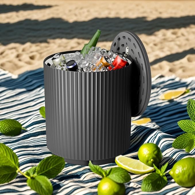 Patio Table and Ice Chest Storage, Portable Outdoor Bucket Cooler, 16.65in Outdoor Cooler Side Table - 2 in 1, Ice Chest Side for Parties Picnics Beach, Black
