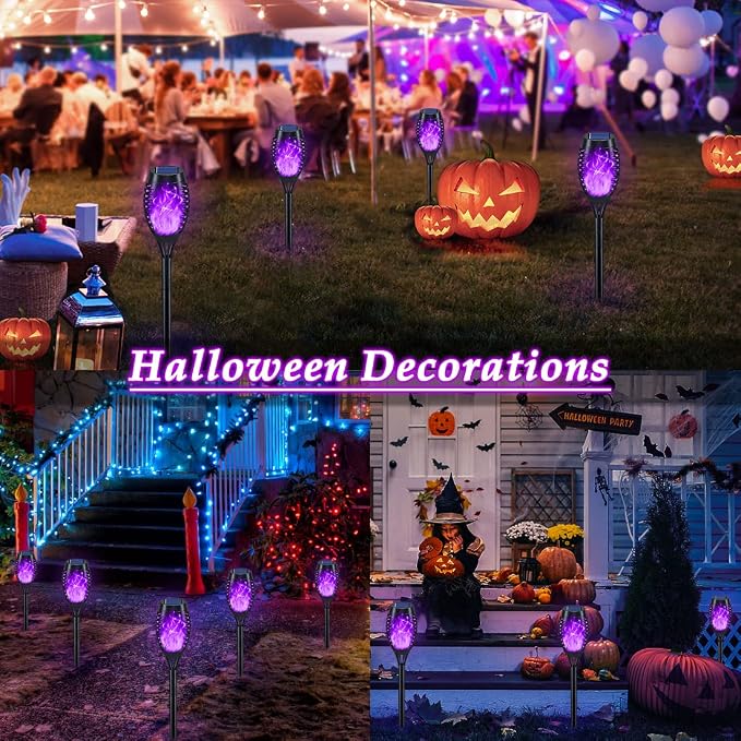 12Pack Purple Solar Halloween Lights for Halloween Decorations Outdoor | Halloween Solar Lights Outdoor with Flickering Flame, Waterproof Torches for Outside, Scary Halloween Yard Pathway Decoration