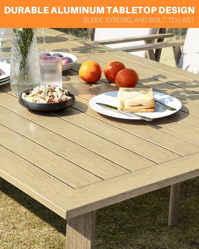 Never-Rust Outdoor Patio Dining Table for 6, Aluminum Outdoor Dining Table with Umbrella Hole, 6 Person Patio Dining Table Furniture for Decks, Garden, Porch, Lawn, Maple Wood