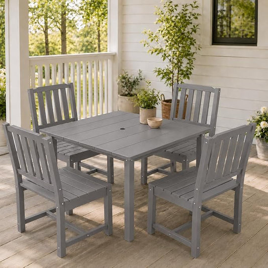 HDPE Outdoor Dining Set for 4, Square Table & Chairs Set | • All-Weather Polywood Composite • 410 lbs Heavy-Duty Support • Built-In 2" Umbrella Hole • Easy Soap-Water Wash