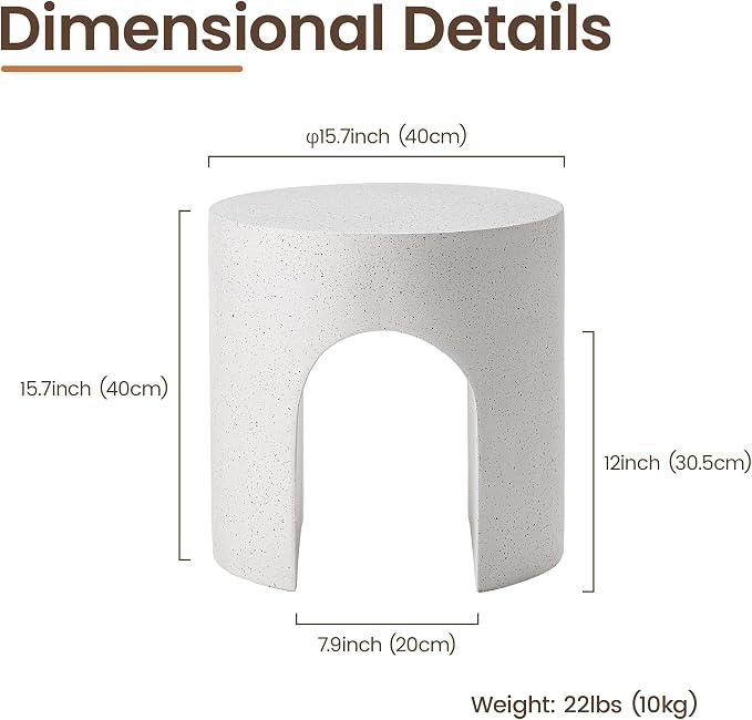 HOMPUS Outdoor Side Table, Concrete End Table w Arch Design, Round Patio MgO Coffee Lightweight Table, Modern Accent Stone Garden Stool for Indoor Outdoor Use, Spotted White