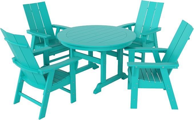 WestinTrends Ashore 5 Pieces Adirondack Outdoor Dining Set, All Weather Poly Lumber Slatted Modern Farmhouse Patio Furniture Set, 47" Trestle Round Table and 4 Adirondack Dining Chair, Turquoise