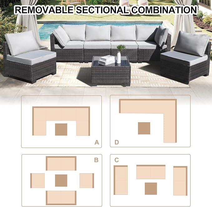 CANMOV 7 Pieces Patio Furniture Sets, All Weather Outdoor Patio Conversation Set, PE Wicker Rattan Sectional Sofa Couch Glass Coffee Table Washable Cushions for Backyard Garden, Poolside, Light Grey