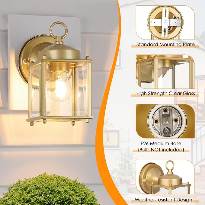 MATAMEYE Outdoor Wall Lantern, Exterior Waterproof Wall Sconce Light Fixtures, Gold Front Door Lighting with Clear Beveled Glass Shade, 2 Pack