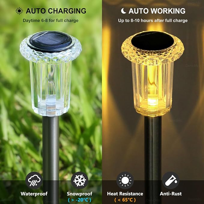 DenicMic 10 Pack Solar Pathway Lights Outdoor Waterproof Warm White LED | Stainless Steel Stake Lights for Yard Garden Decor for Outside Patio Lawn Auto On/Off 3000K Crystal-like Acrylic Lampshade