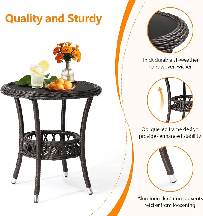 VINGLI Outdoor Wicker Side Table, Patio Side Tables for Outside Tempered Glass Top Wicker Table with Storage End Table for Balcony Porch Deck (Dark Brown)