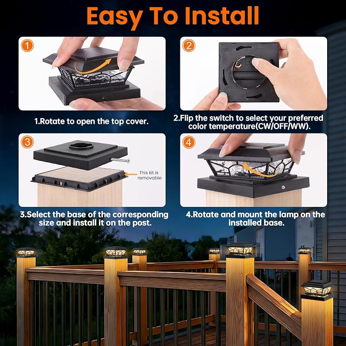 4x4 3.5x3.5 Solar Post Cap Lights 6-Pack Black | 2 Modes (Warm/Cool White), 16LEDs, for Wooden/Vinyl Posts, IP65 Waterproof, Outdoor, for Fence, Deck, Patio, Yard, Porch