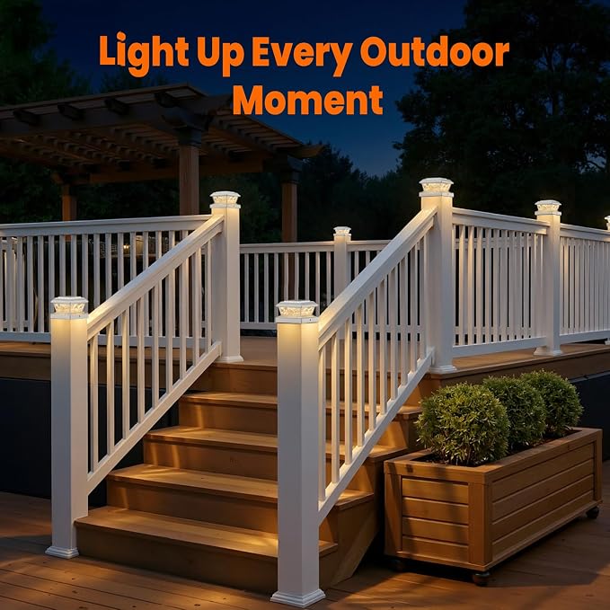 Brightever 4x4 3.5x3.5 Solar Post Cap Lights 8-Pack White | 2 Modes (Warm/Cool White), 16LEDs, for Wooden/Vinyl Posts, IP65 Waterproof, Outdoor, for Fence, Deck, Patio, Yard, Porch