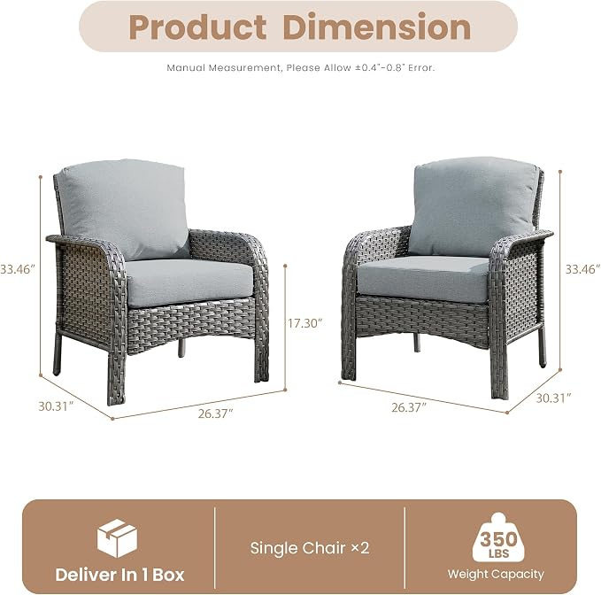 2 PCS Outdoor Patio Furniture Set with Thickened Cushions, All-Weather Rattan Wicker Outdoor Conversation Set for Porch,Backyard,Balcony,Dark Grey
