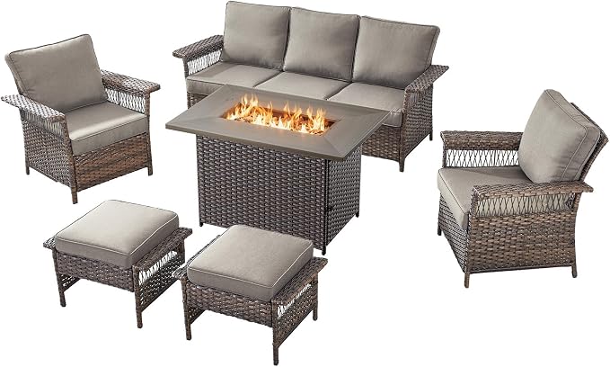 Patio Furniture Set with Fire Pit Table, 6PCS Patio Conversation Set Brown Resin Wicker Patio Chair Sofa Ottoman with 41in Rectangular Outdoor Fire Table PE Rattan Furniture Set