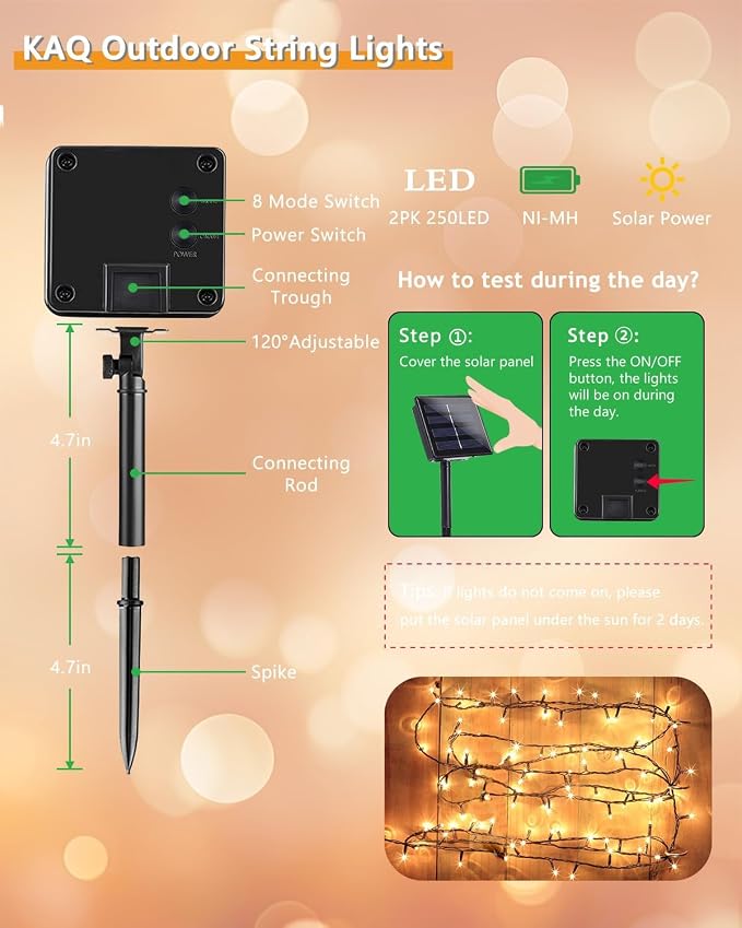KAQ Solar String Lights Outdoor 2Pack 500LED 180FT Waterproof Warm White | 500LED Super Bright, 180FT Total Length, IP65 Waterproof, 8 Twinkle Modes with Memory, Auto On/Off, for Garden Yard Decor